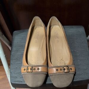 hotter Two-Tone Tan & Brown Buckle Ballet Flats